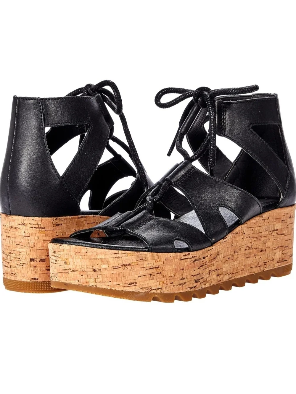 Black Lace-Up Cork Wedge Sandals - Women Sorel 7 Cameron Strappy Leather EUC